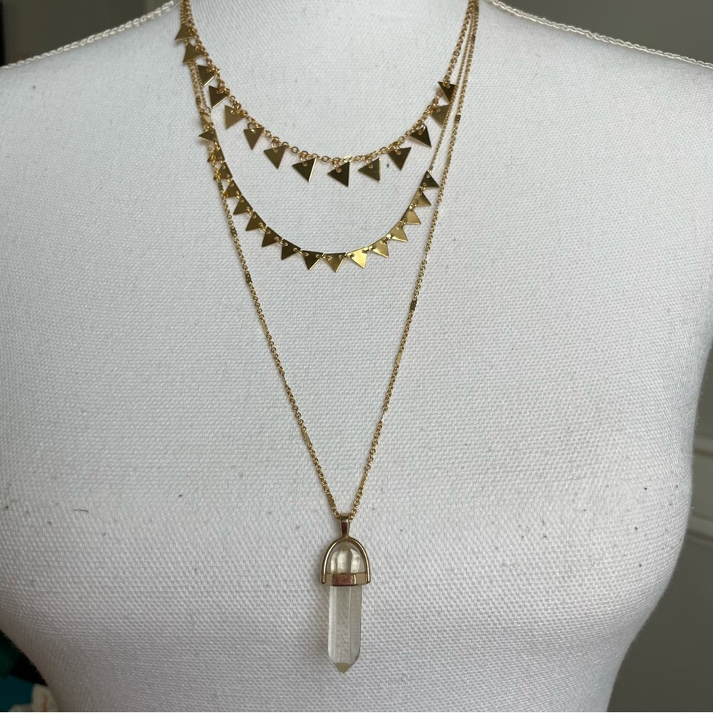Gold 3 Layered Necklace with Crystal Pendant gold triangles. Costume jewelry